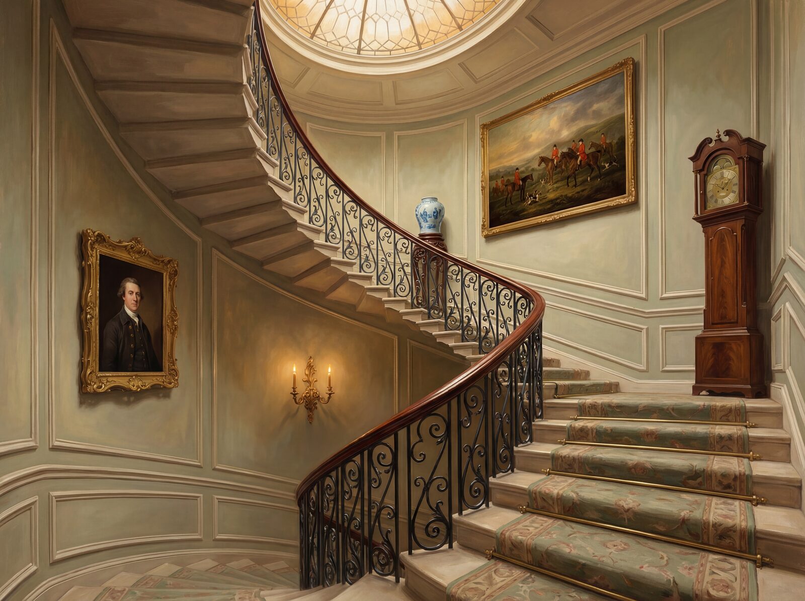 Dramatic staircase mural with Iron Scroll, Mahogany Rail, and Wall Pale Green. Made to order.