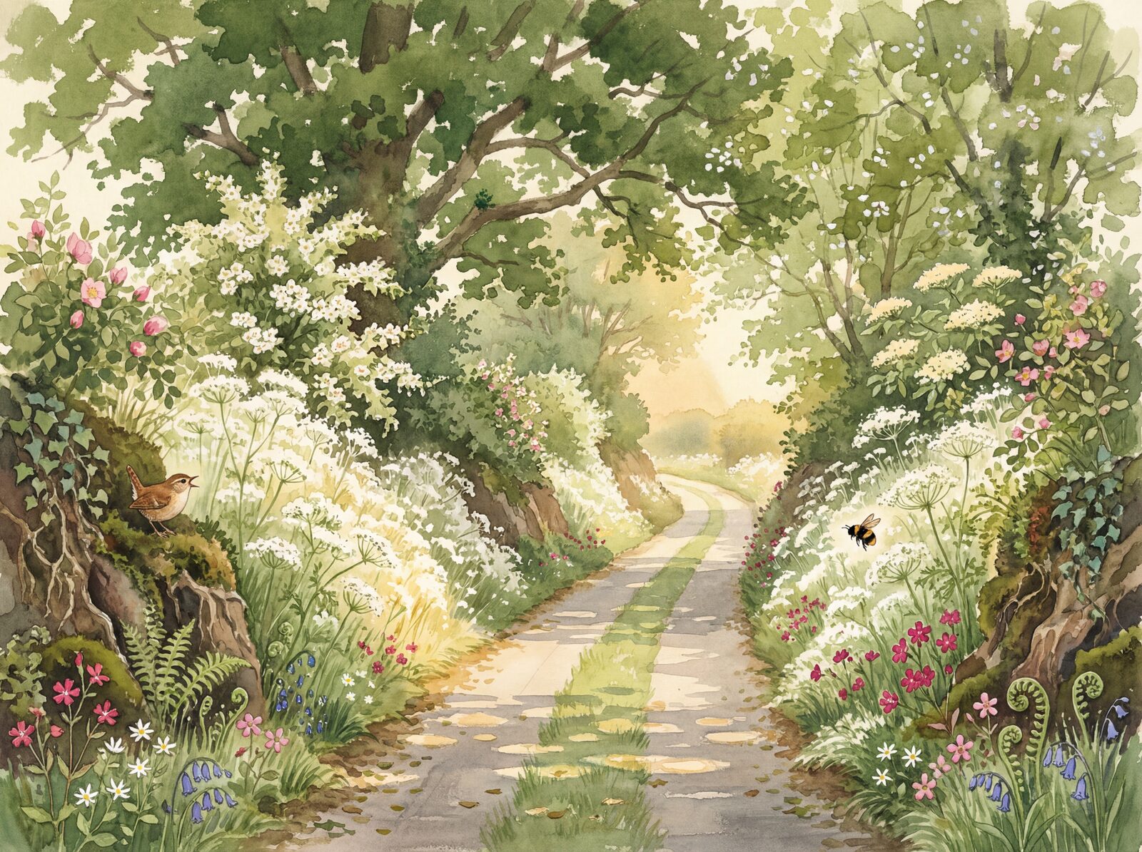 Scenic mural wallpaper in Cow Parsley White, Hedgebank Green, and Lane Green. Made to order.