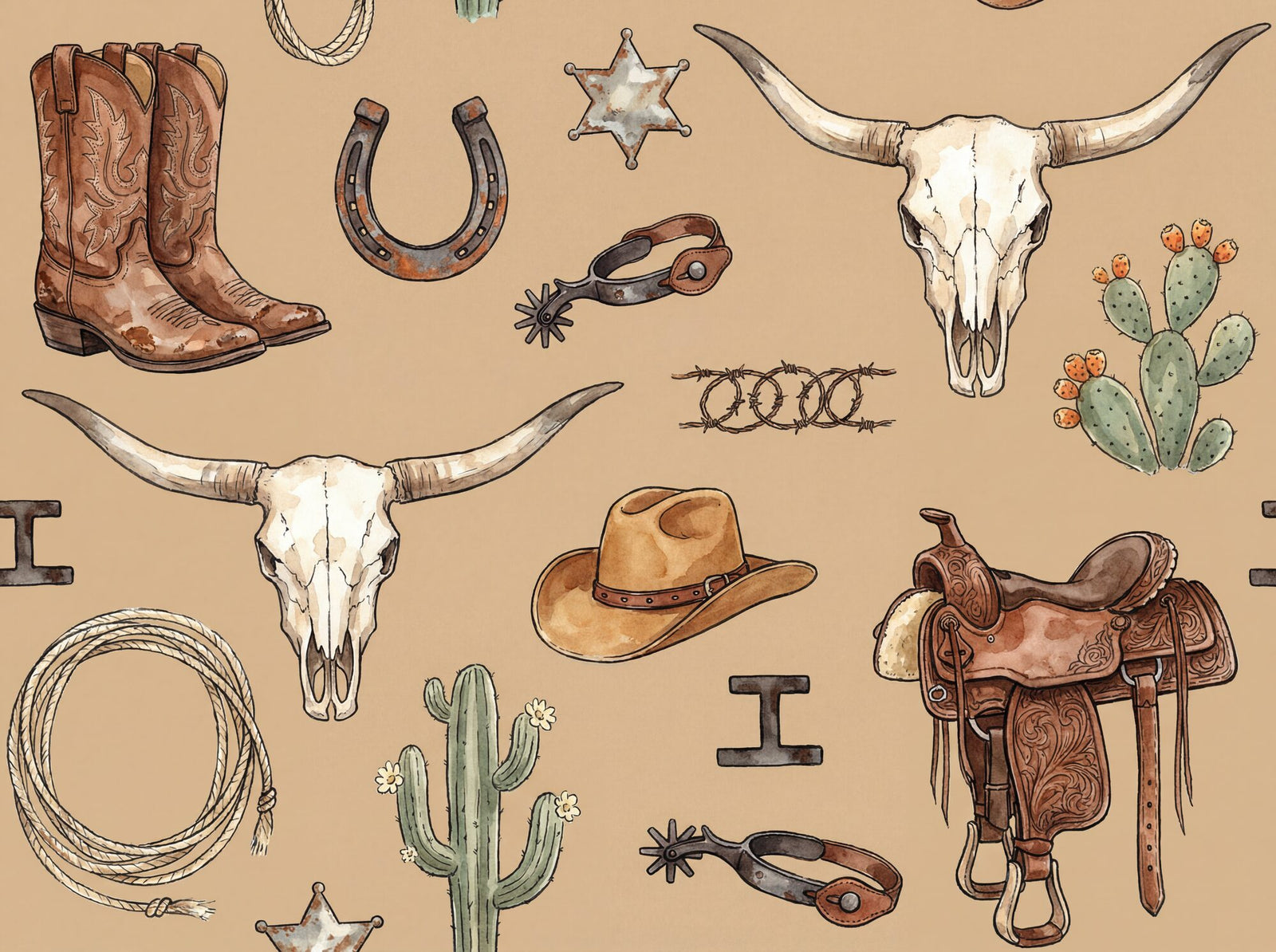 Vintage-illustration western ranch scatter on warm desert tan ground: cowboy boots, steer skull with long horns, coiled lasso, leather saddle, horseshoe, cowboy hat, saguaro cactus, prickly pear, sheriff's star, spur, and barbed wire in earthy saddle-brown, rust, sage, and cream watercolour