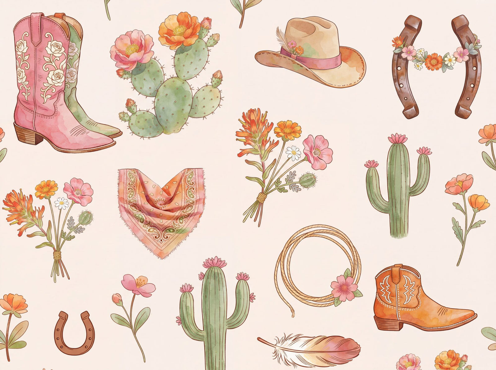 Cowgirl-boho watercolour scatter on warm cream: pink embroidered cowboy boots, blooming prickly pear cactus, sage saguaro, tan cowgirl hat with flowers, horseshoe with desert wildflower garland, pink paisley bandana, wildflower bouquet, and a feather in dusty pink, sage, and sunset orange