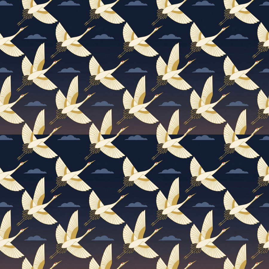 Scenic mural wallpaper featuring stylised cranes in flight, Dusk Sky, Crane White, and Wing Gold palette. Made to order.