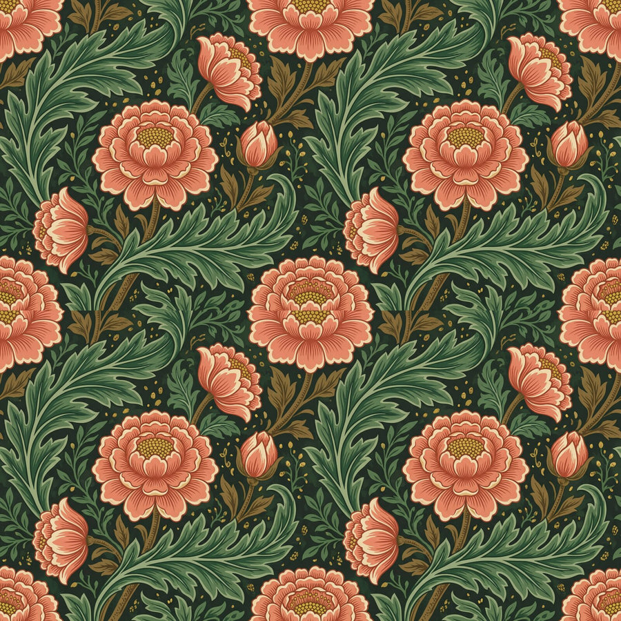 Immerse yourself in the grand scale of Morris's Cray design. A rich palette of sage, coral, and gold. Made to order.