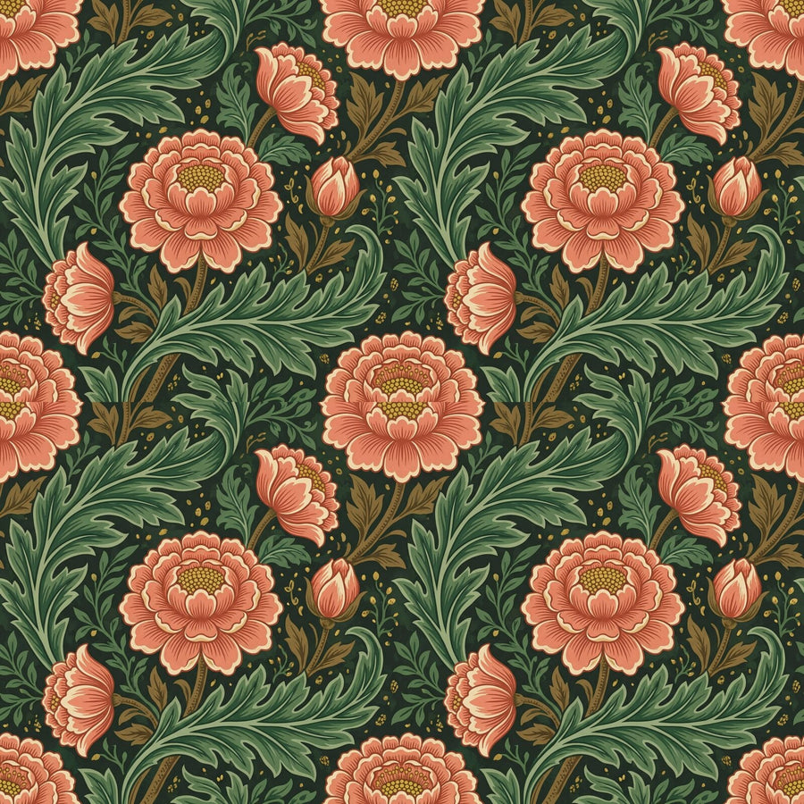 Immerse yourself in the grand scale of Morris's Cray design. A rich palette of sage, coral, and gold. Made to order.