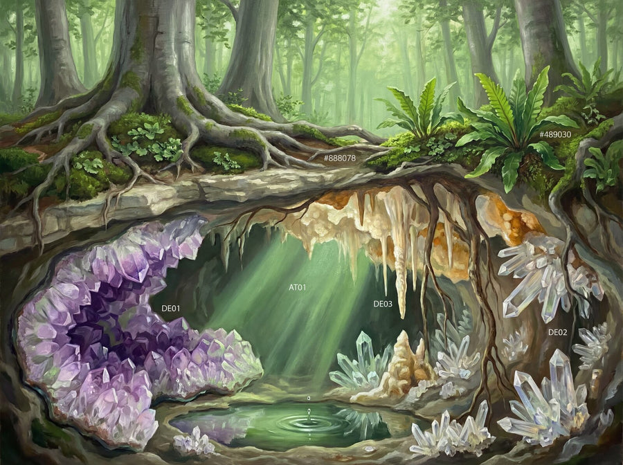 Discover a hidden crystal cave where forest meets mineral. A palette of amethyst, quartz, and calcite. Made to order.