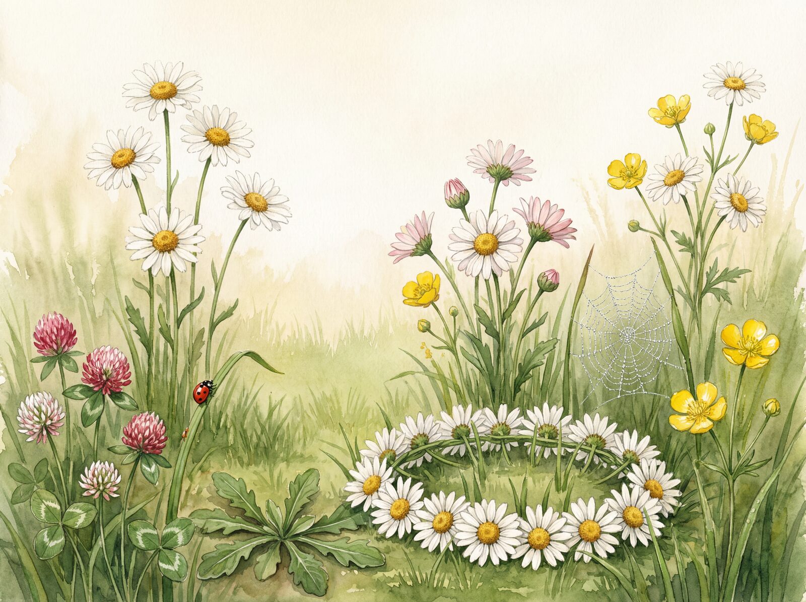 Scenic mural wallpaper featuring daisies, buttercups, and clover in a palette of whites, golds, and pinks. Made to order.