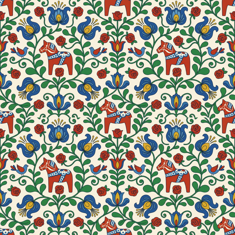 Experience the joyful celebration of Swedish folk art with this vibrant Dala horse and kurbits pattern in red, blue, green, and yellow. Made to order.