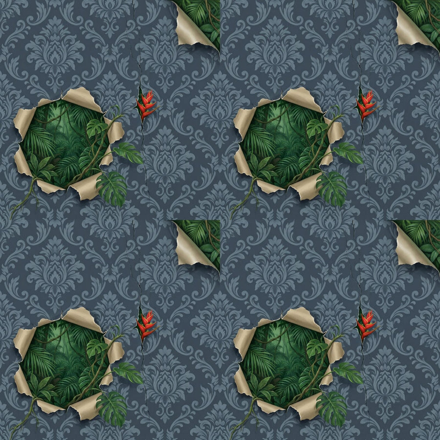 Subversive damask torn open to reveal a vibrant jungle. Blue-grey, green, scarlet, and plaster white palette. Made to order.