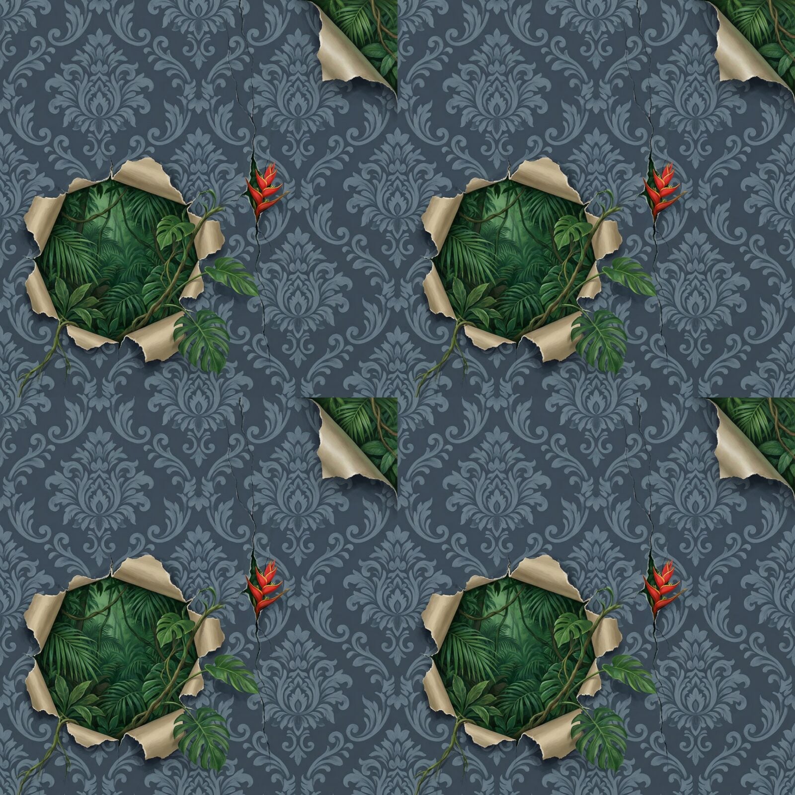 Subversive damask torn open to reveal a vibrant jungle. Blue-grey, green, scarlet, and plaster white palette. Made to order.