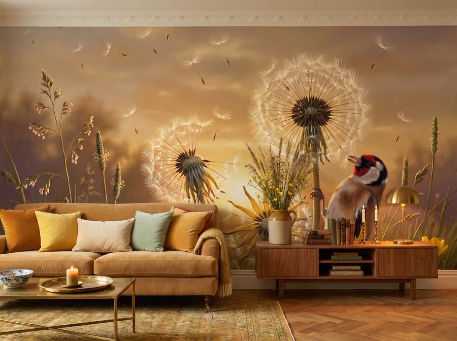 Dandelion Clock scenic wallpaper mural on the feature wall of an English-country nursery, in a golden yellow-and-ochre palette — The Wall Shawl.