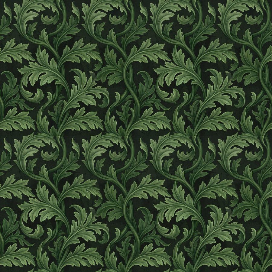 Immerse yourself in scholarly darkness with our Dark Acanthus mural, featuring deep green acanthus on a charcoal ground. Made to order.