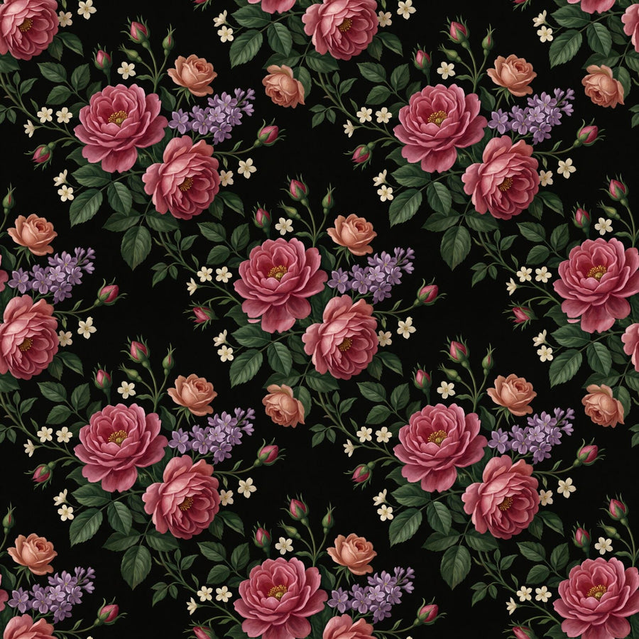 Immerse yourself in the rich, dark beauty of Dark Chintz. Featuring deep rose, faded coral, and warm ivory blooms on a near-black ground. Made to order.