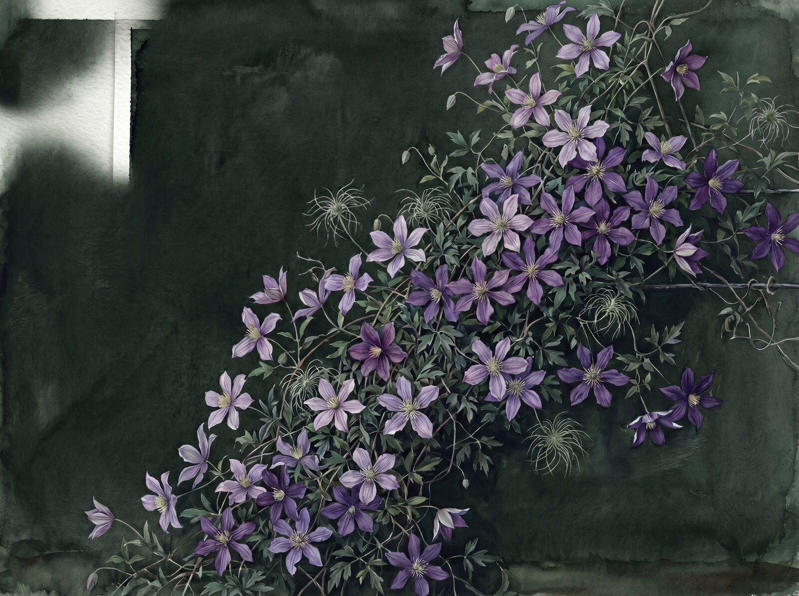 Scenic mural wallpaper featuring clematis on a dark green-black wall, with a palette of purples and greens. Made to order.