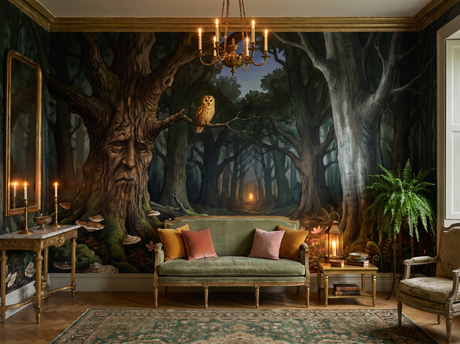 Dark Fairy Tale scenic wallpaper mural on the feature wall of a biophilic bedroom, in a moody black-and-charcoal palette — The Wall Shawl.