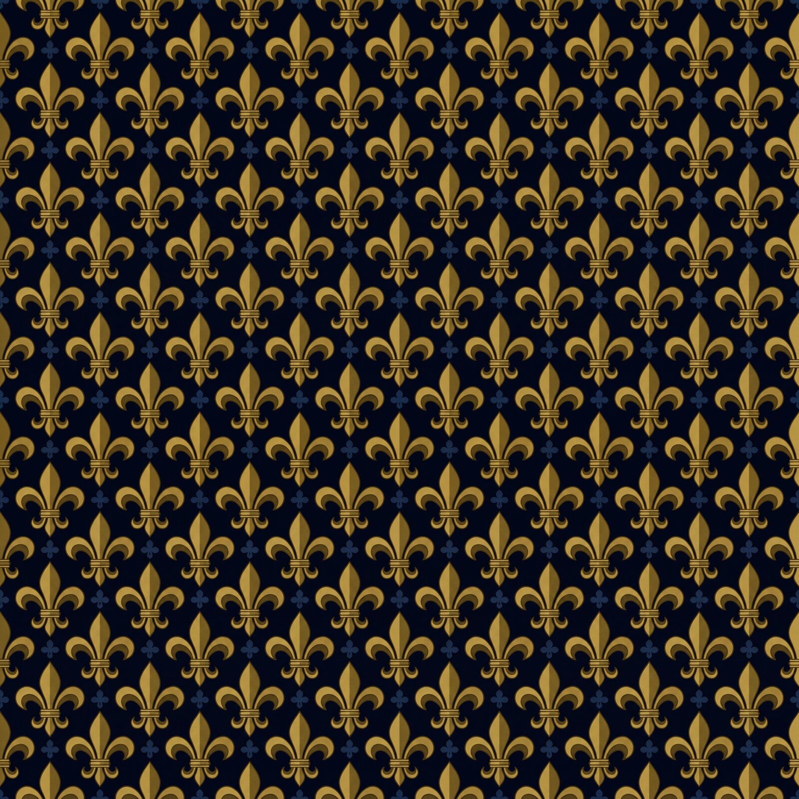 A mural wallpaper of ancient, darkened fleur-de-lys in royal navy and dark honey gold. Made to order.