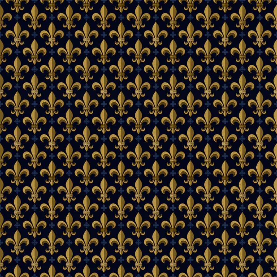 A mural wallpaper of ancient, darkened fleur-de-lys in royal navy and dark honey gold. Made to order.