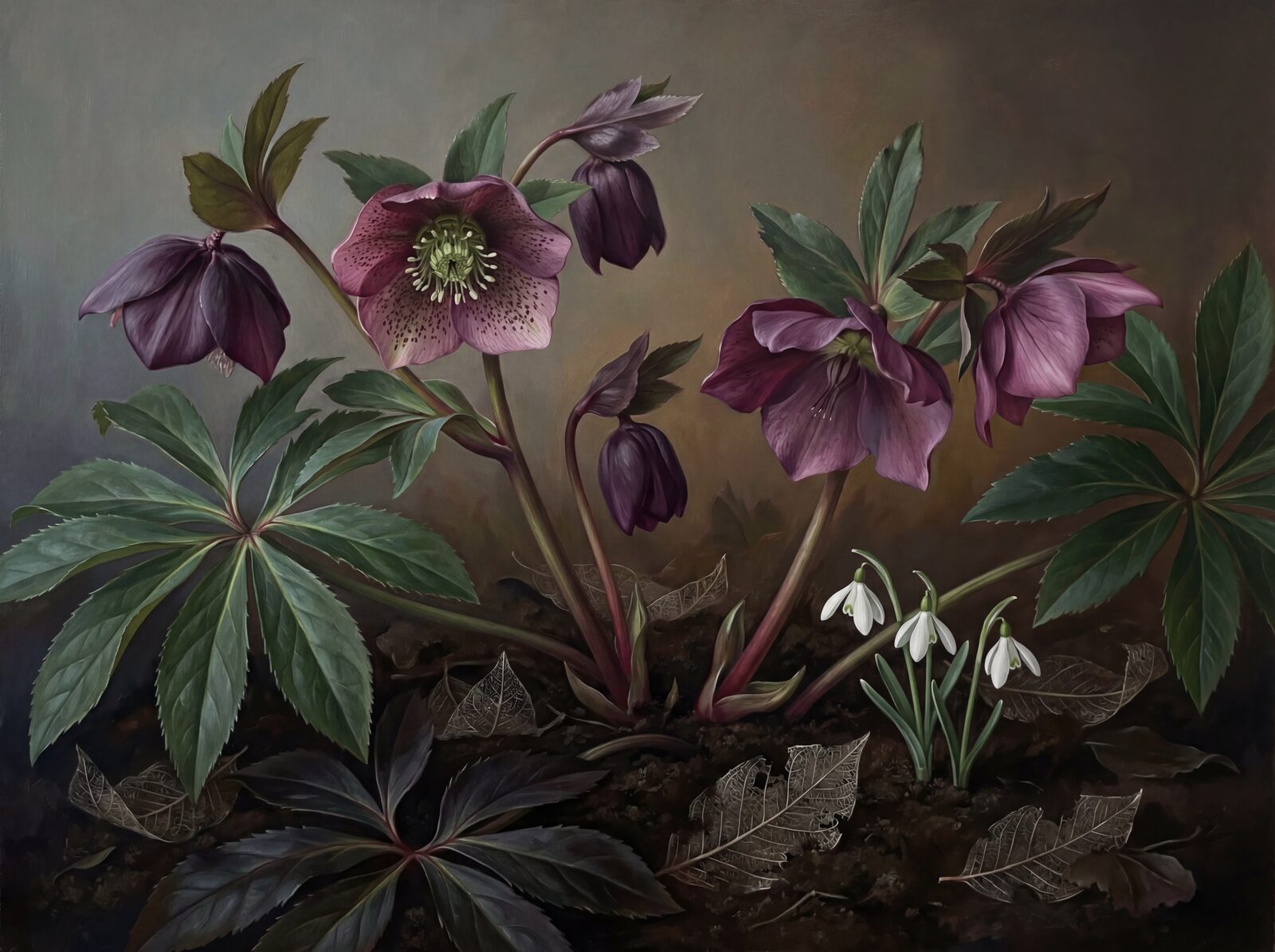 Experience the quiet beauty of hellebores in plum, aubergine, and near-black against a dark, earthy ground. Made to order.