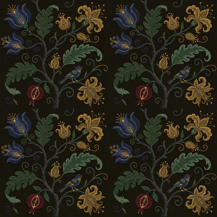 Immerse yourself in antiquarian warmth with Dark Jacobean mural wallpaper, featuring an aged indigo, ochre, and forest green palette. Made to order.