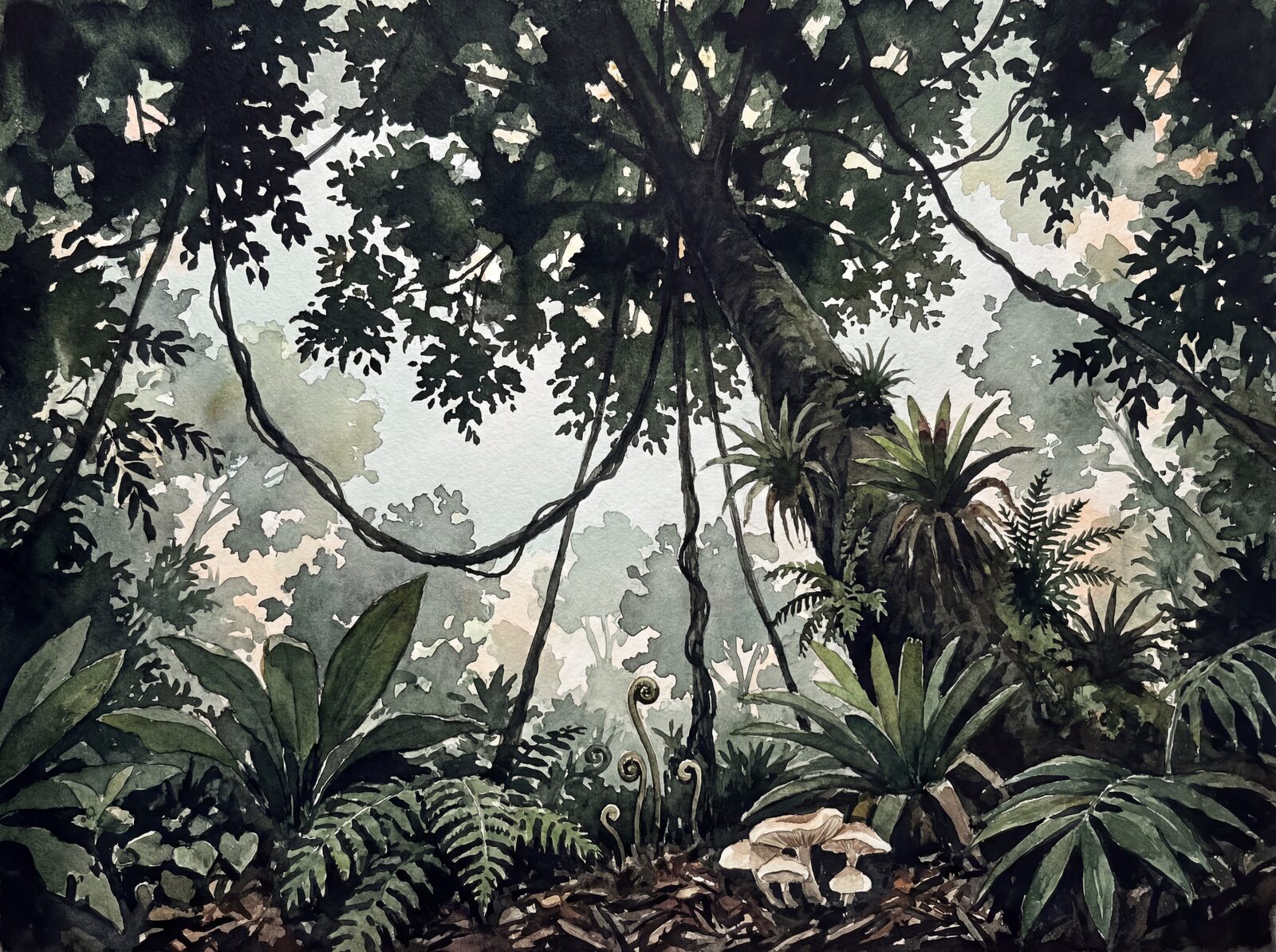 Immersive jungle mural with dark, warm palette. Made to order.