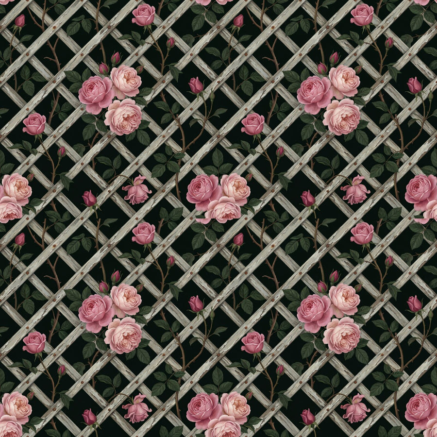 A climbing rose on a diamond trellis at dusk, deep pink and shadowy green on a near-black ground. Made to order.