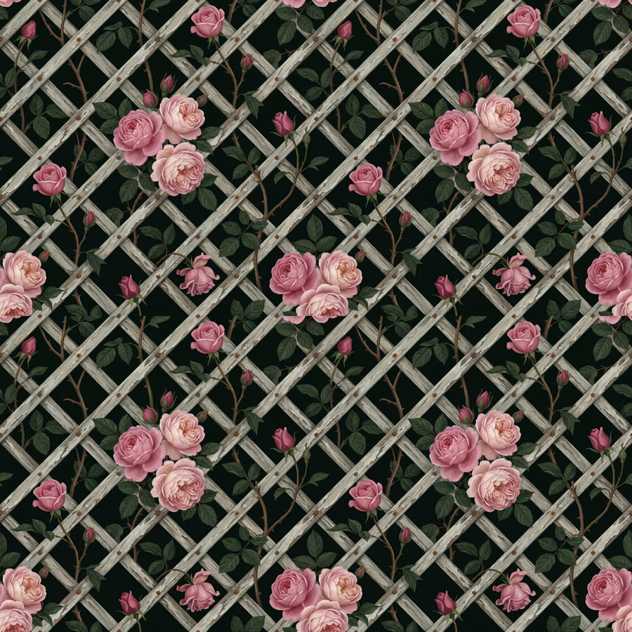 A climbing rose on a diamond trellis at dusk, deep pink and shadowy green on a near-black ground. Made to order.