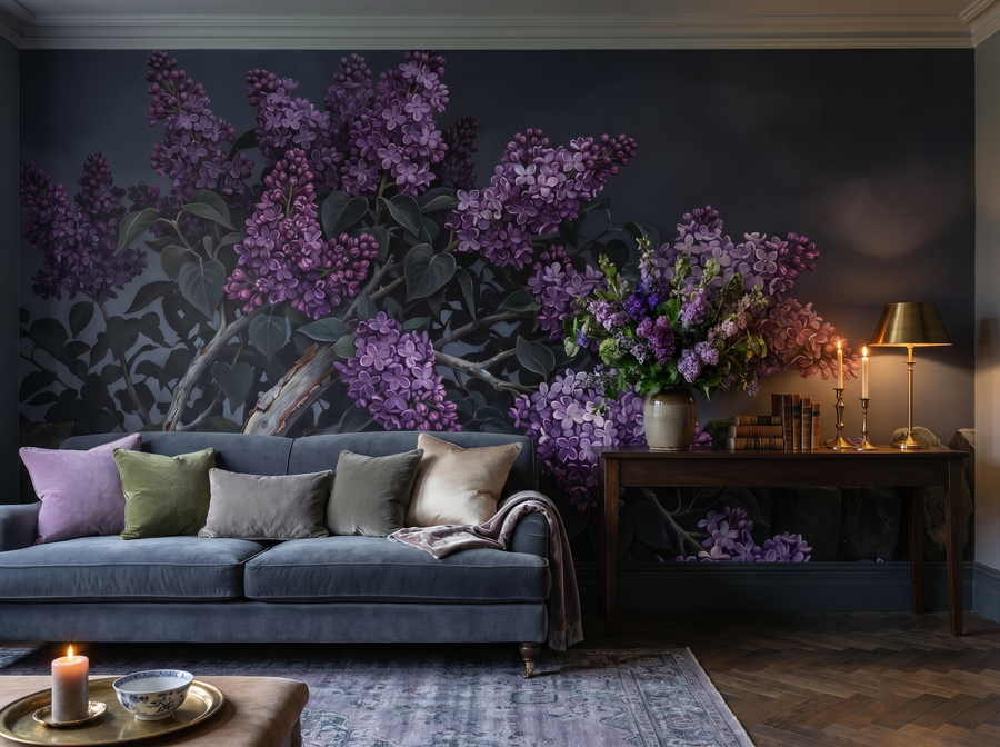 Dark Lilac scenic wallpaper mural on the feature wall of an English-country bedroom, in a moody black-and-charcoal palette — The Wall Shawl.
