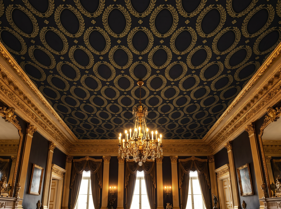 Dark Medallion wallpaper mural styled in a Traditional / Classic Bedroom, Damask, Black / Charcoal palette.