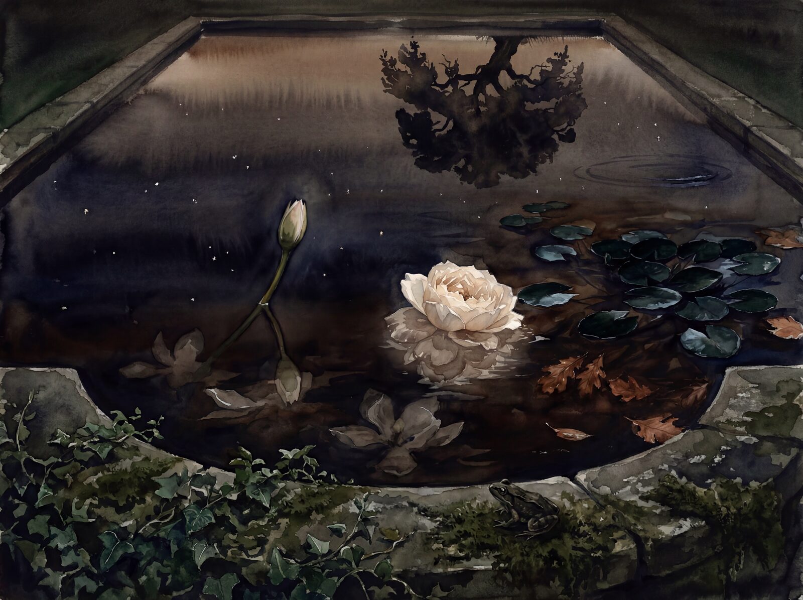 Scenic mural wallpaper featuring a dark reflecting pool at night with a palette of Pool Black, Tannin Water, and Reflected Star. Made to order.