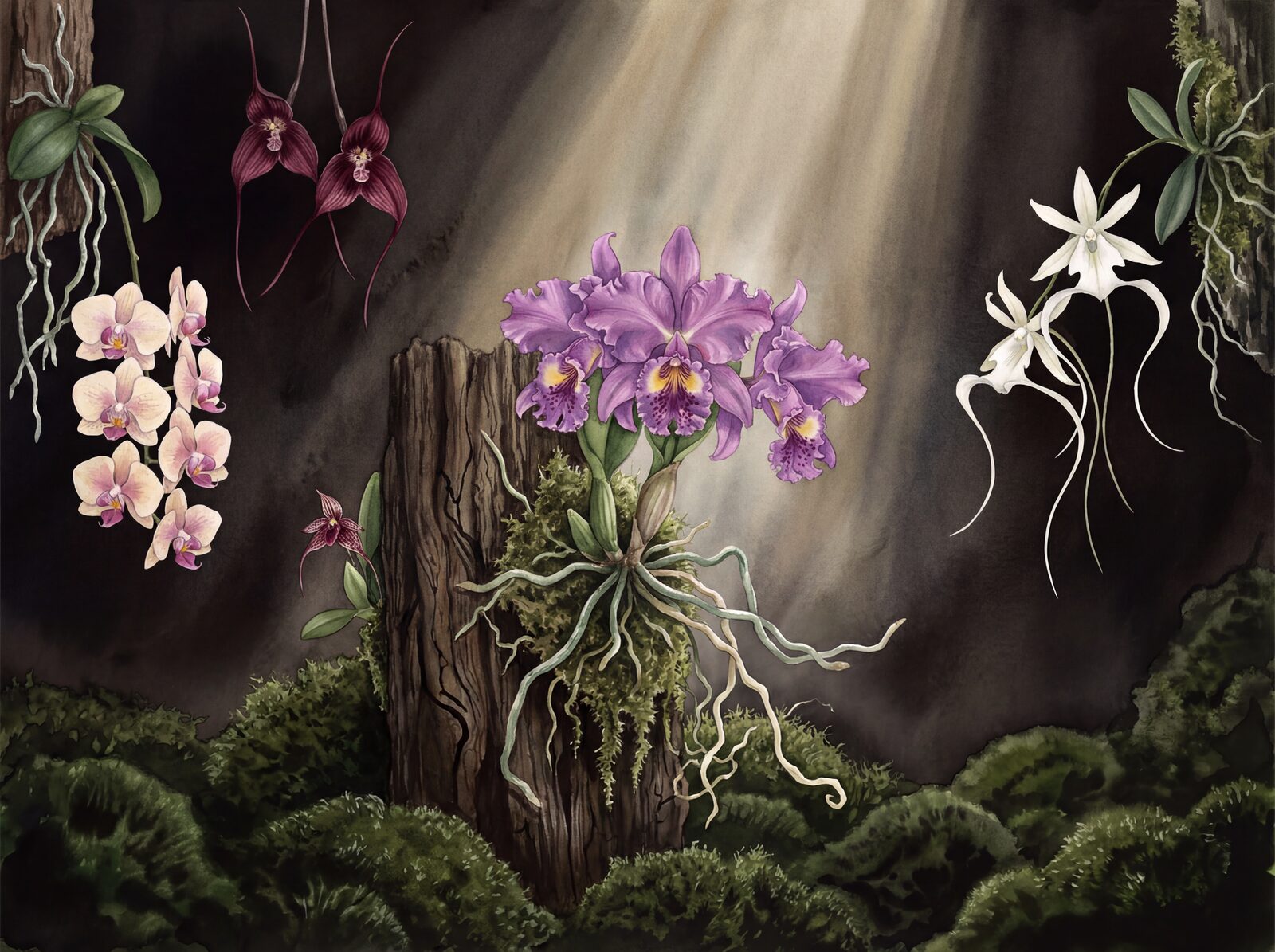 Exotic orchids in a Victorian collector's dark room. Palette: mauve, dark green, bone white. Made to order.