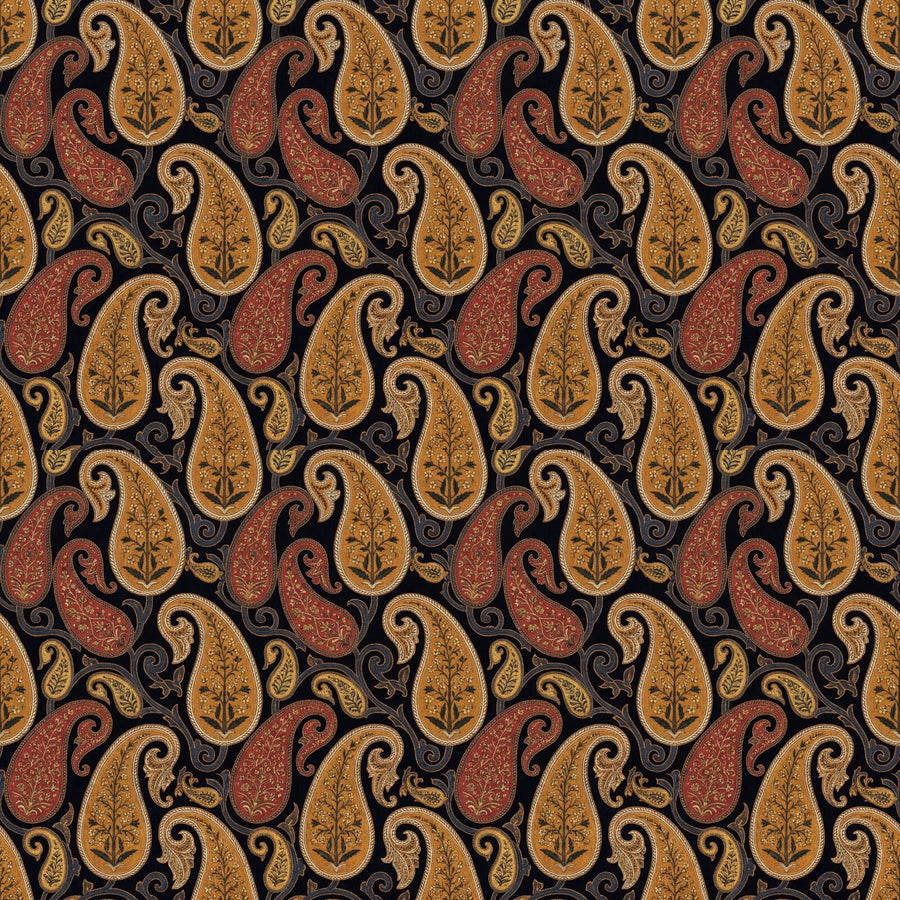 Experience the ancient luxury of Dark Paisley, a rich pattern of amber, red, and gold on an oxidised indigo ground. Made to order.