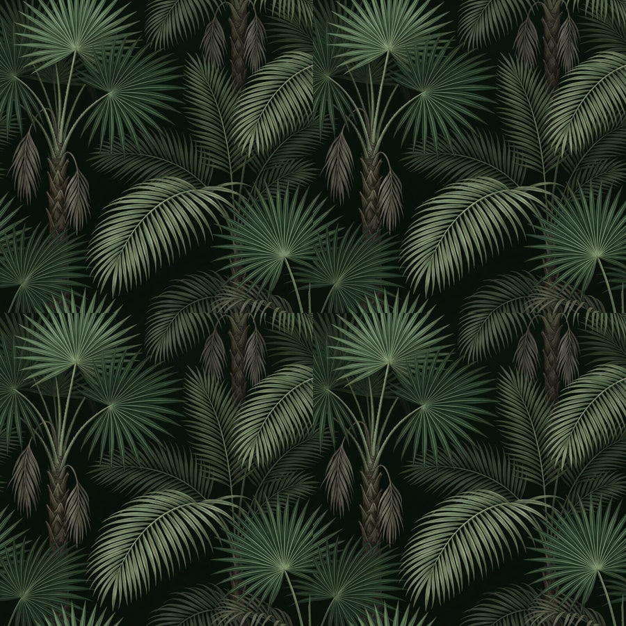 Experience Victorian botanical grandeur with Dark Palm, a mural wallpaper featuring deep greens and earthy browns. Made to order.