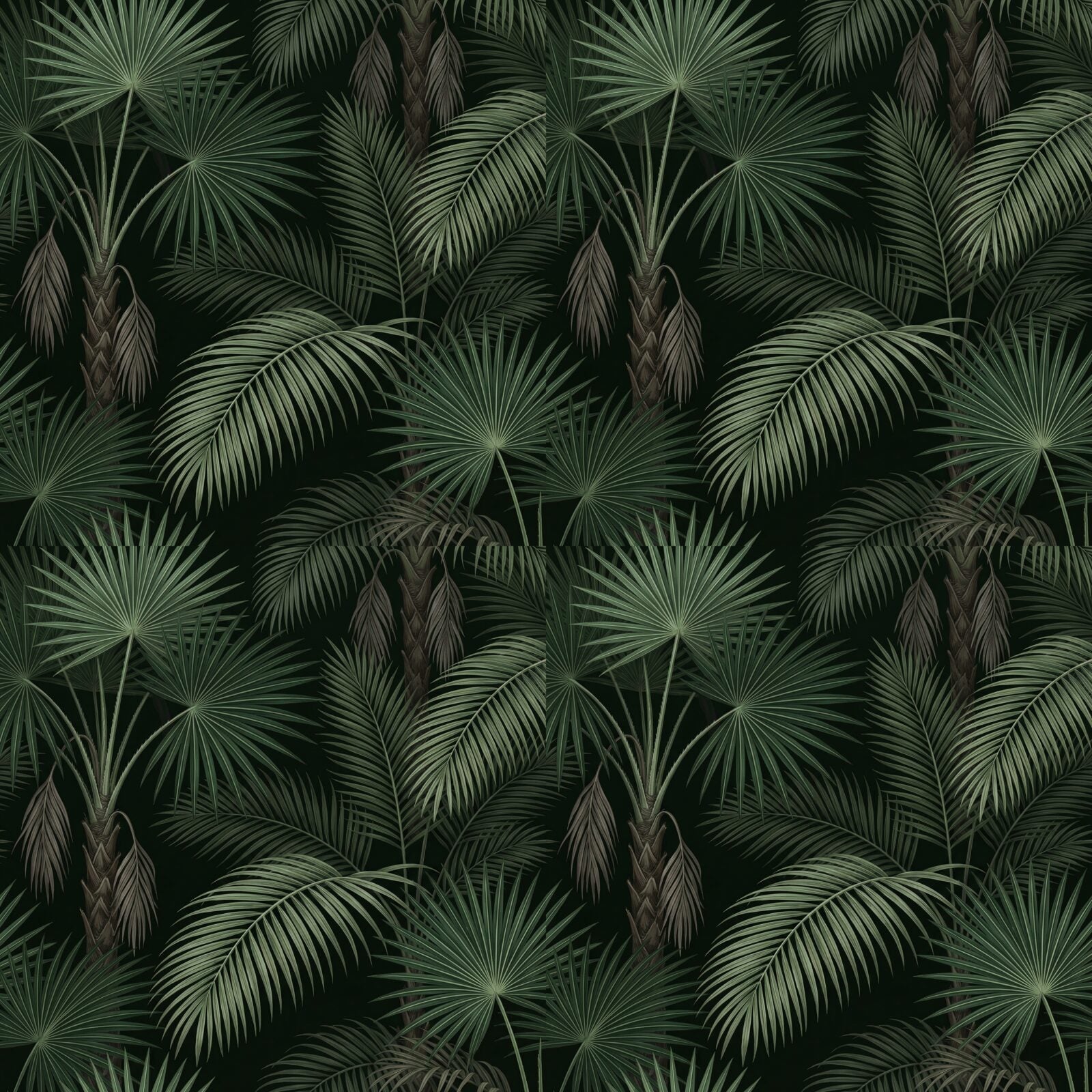 Experience Victorian botanical grandeur with Dark Palm, a mural wallpaper featuring deep greens and earthy browns. Made to order.