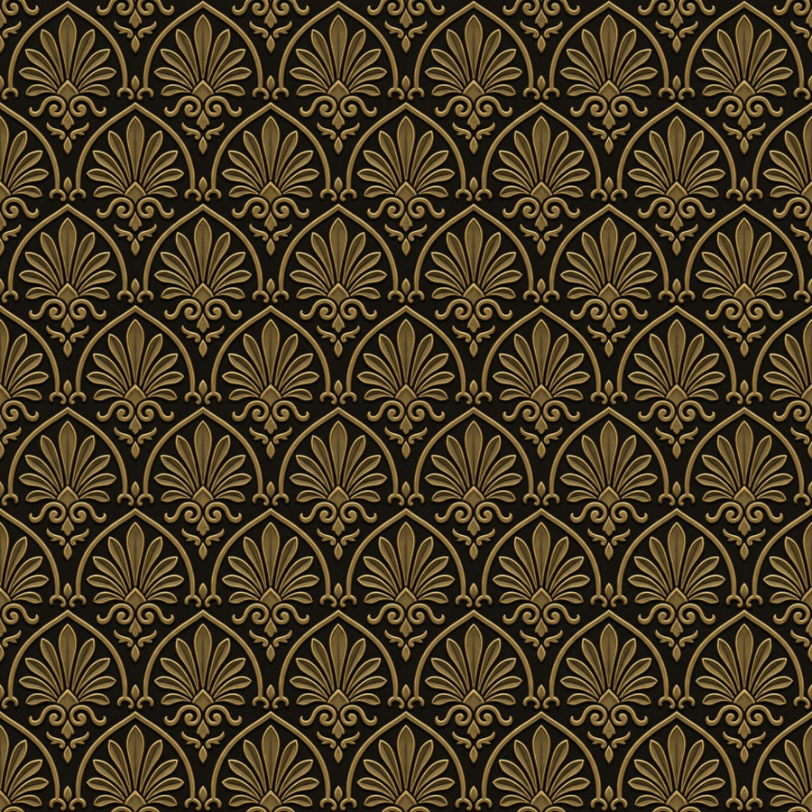 Immerse yourself in the ancient beauty of Dark Palmette, a Heritage Patterns mural in deep warm darks and antique gold. Made to order.