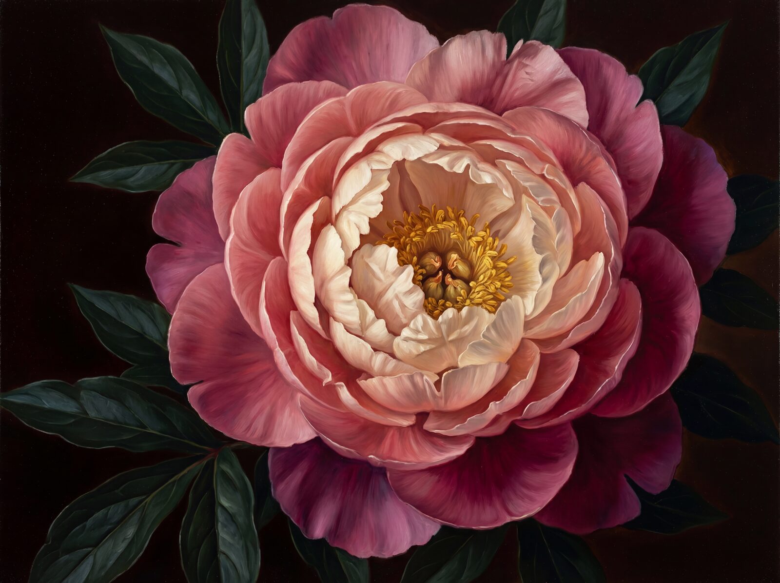 Experience intimate magnificence with this dark peony mural, featuring deep magenta, blush, and gold. Made to order.