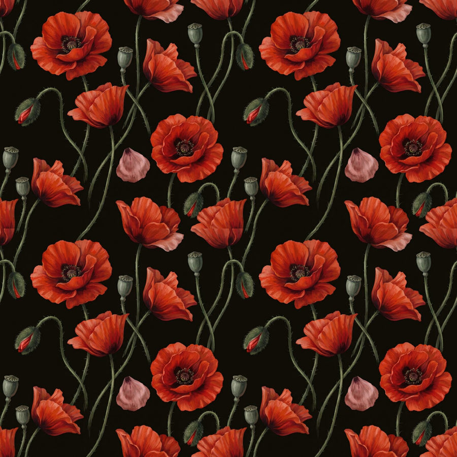 Experience the dramatic fragility of poppies at dusk. Intense vermillion and crimson on a near-black ground. Made to order.