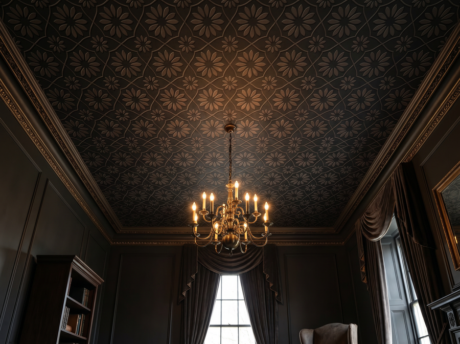 Dark Rosette wallpaper mural styled in a English Country Dining Room, Floral, Black / Charcoal palette.