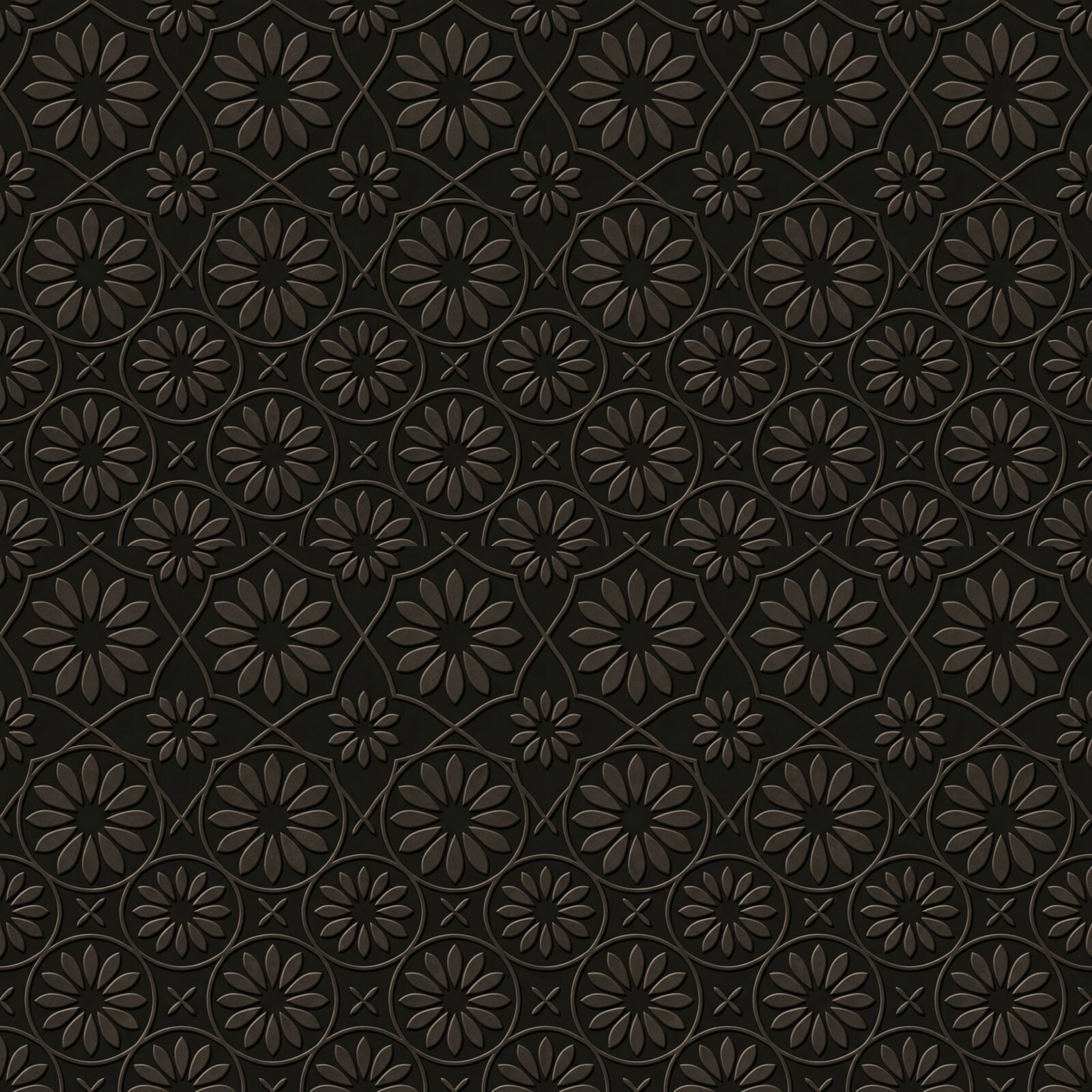 Experience the devotional geometry of our Dark Rosette mural. A warm, dark palette of carved stone rosettes. Made to order.