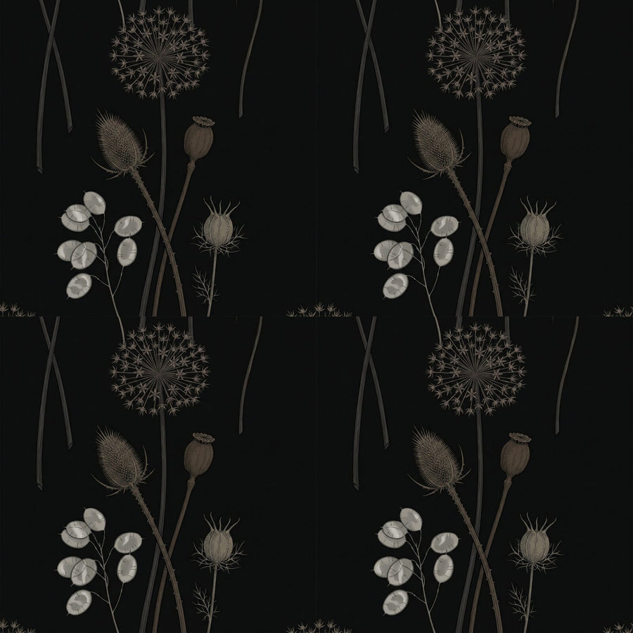 Architectural seed heads in warm browns, greys, and silvers on a near-black ground. Made to order.