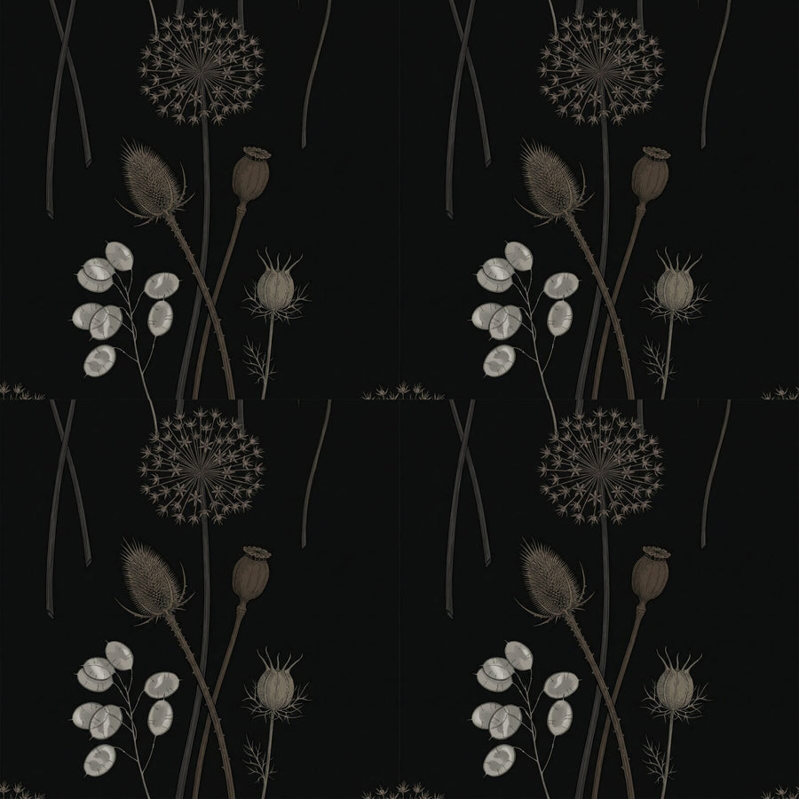 Architectural seed heads in warm browns, greys, and silvers on a near-black ground. Made to order.