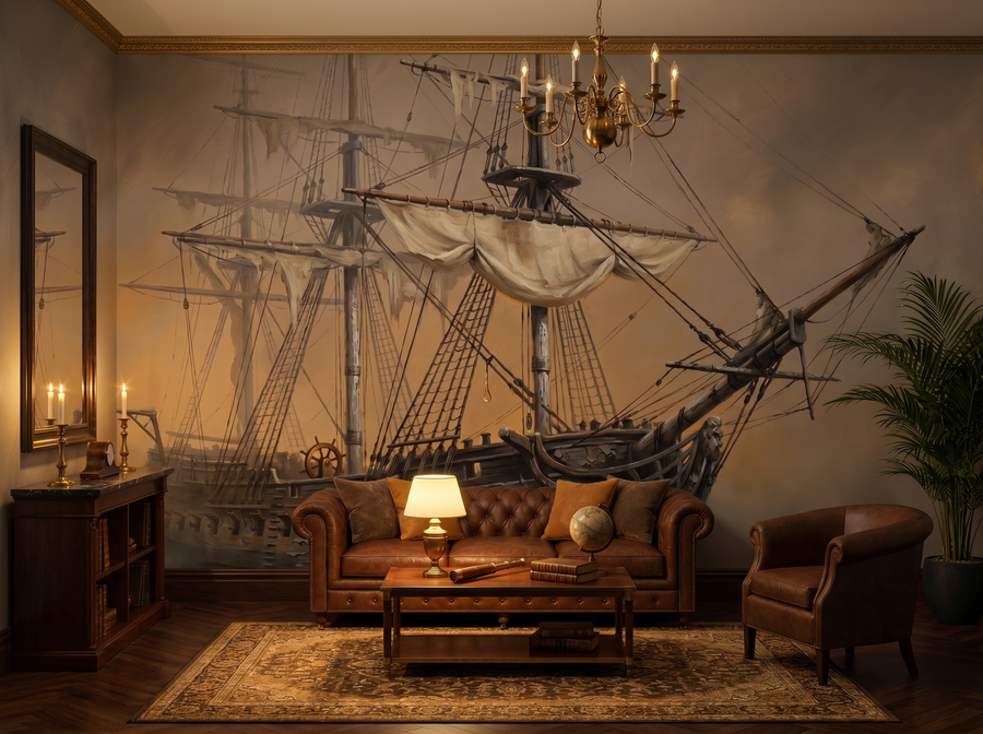Dark Ship scenic wallpaper mural on the feature wall of a coastal study, in a soft grey palette — The Wall Shawl.