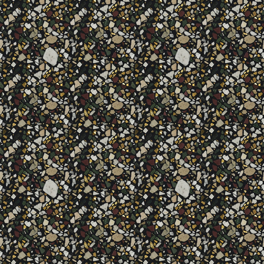 Experience graphic opulence with Dark Terrazzo mural wallpaper. Featuring a near-black base with white, cream, and gold chips. Made to order.