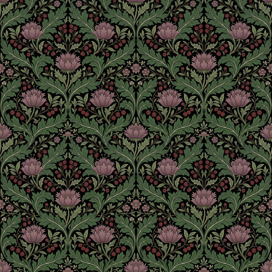Experience a Morris pattern reimagined in lamp black, acanthus green, and thistle mauve. Made to order.