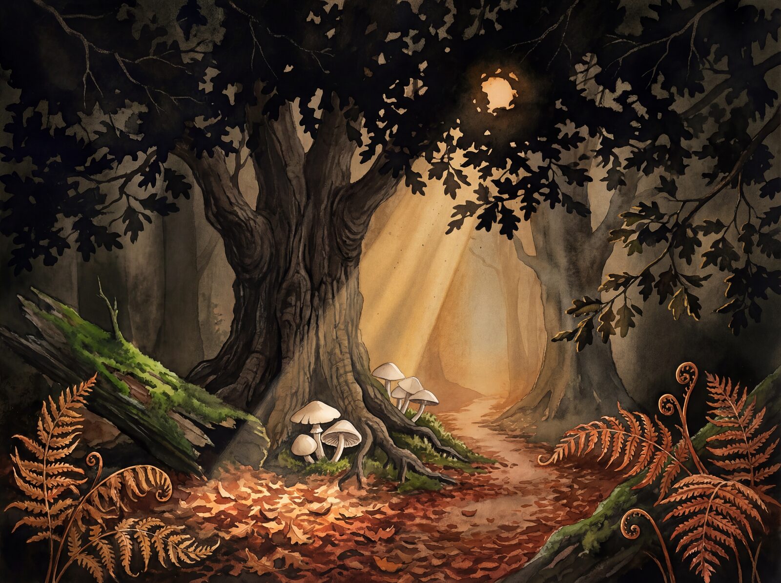 Immersive forest scene with Forest Void, Light Shaft Gold, and Moss Emerald hues. Made to order.