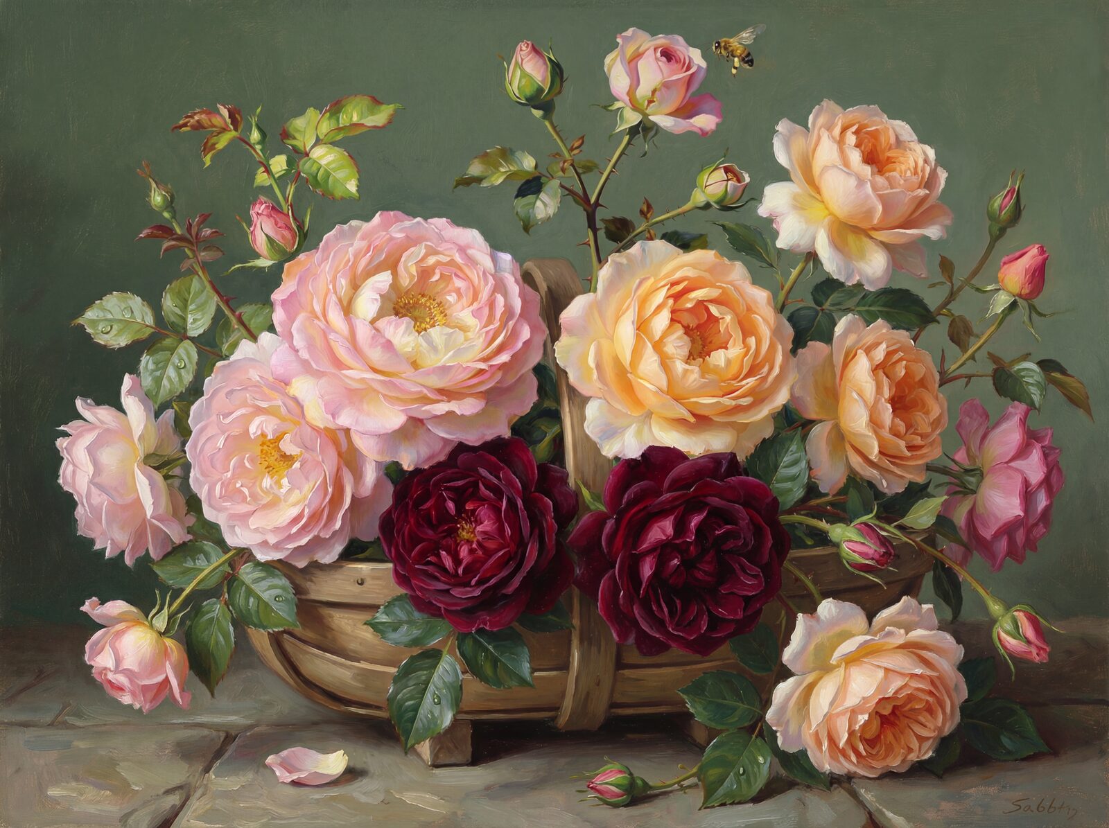 Experience a June morning in an English rose garden. Shell pink, apricot, and crimson blooms on a sage ground. Made to order.