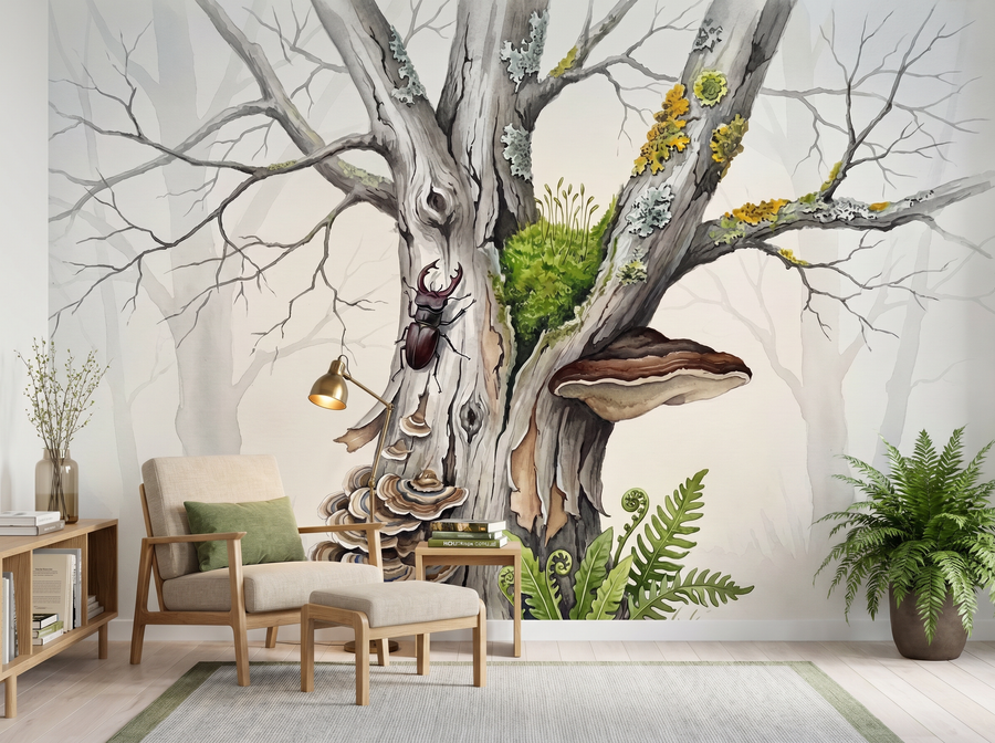 Dead Tree Beauty scenic wallpaper mural on the feature wall of a biophilic study, in a moody black-and-charcoal palette — The Wall Shawl.