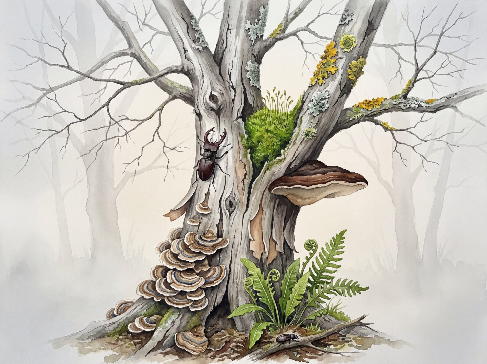 Scenic mural wallpaper featuring a dead tree in shades of silver-grey, brown, and green. Made to order.