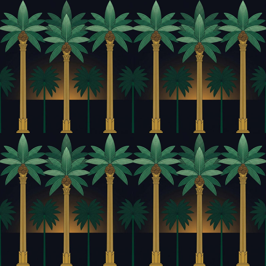 Tropical Art Deco palm trees in Tropic Night, Palm Jade, and Trunk Gold. Made to order.