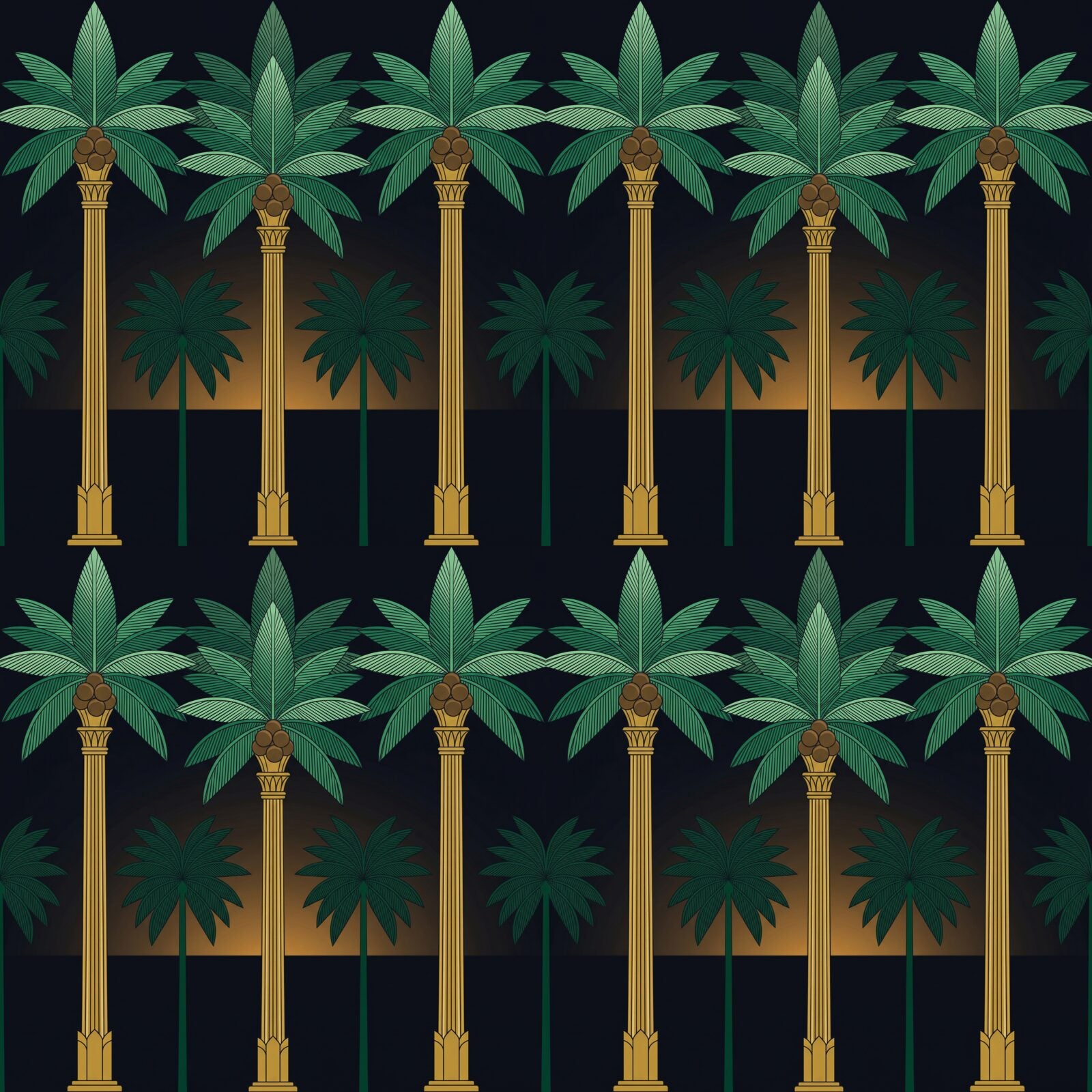 Tropical Art Deco palm trees in Tropic Night, Palm Jade, and Trunk Gold. Made to order.