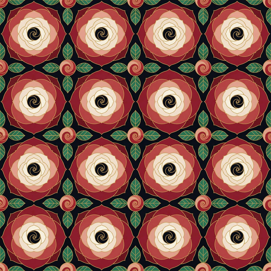 Geometric rose mural in Noir Ground, Rose Red, and Gold Spiral. Made to order.