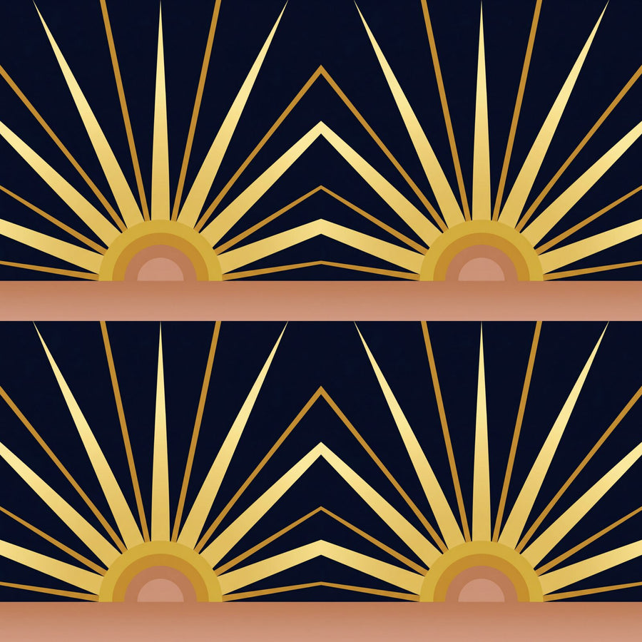 Scenic mural wallpaper featuring a golden sunrise over Manhattan, with palette of deep blues and golden hues. Made to order.