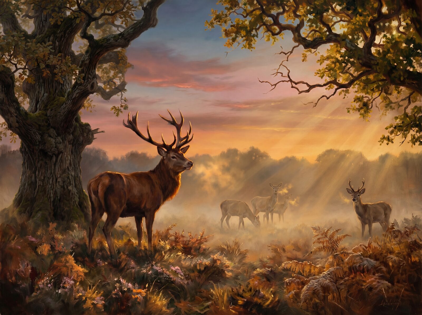 Wildlife mural with Dawn Amber, Stag Russet, and Oak Dark palette. Made to order.